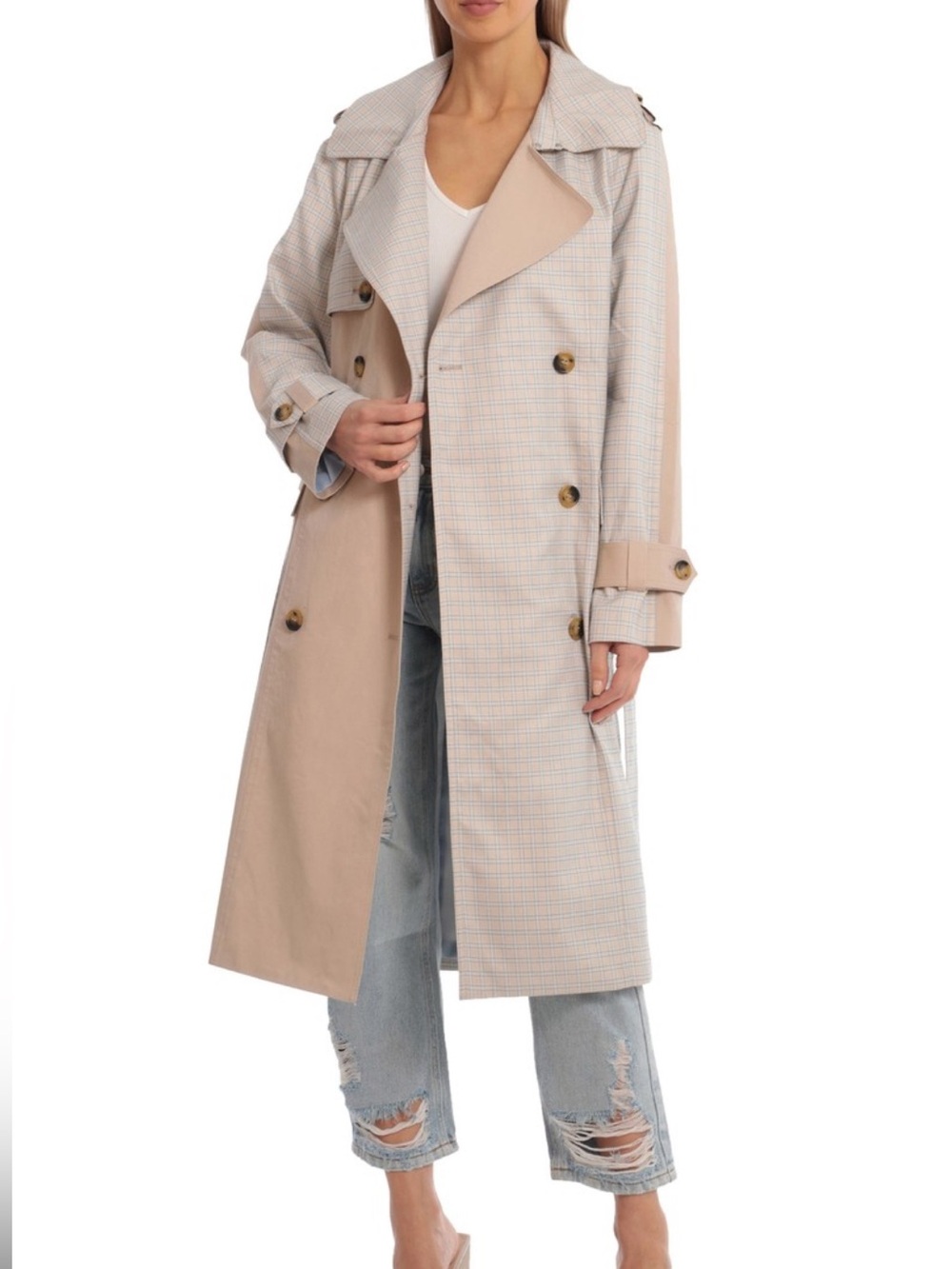 NWT Avec Les Filles Mixed Media Combo Plaid Beige Trench Coat